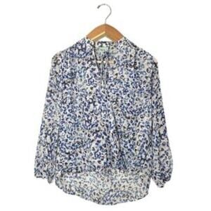 Veronica M V-Neck Tie Long Sleeve Blouse Top Shirt Blue Cheetah X-Small NWT